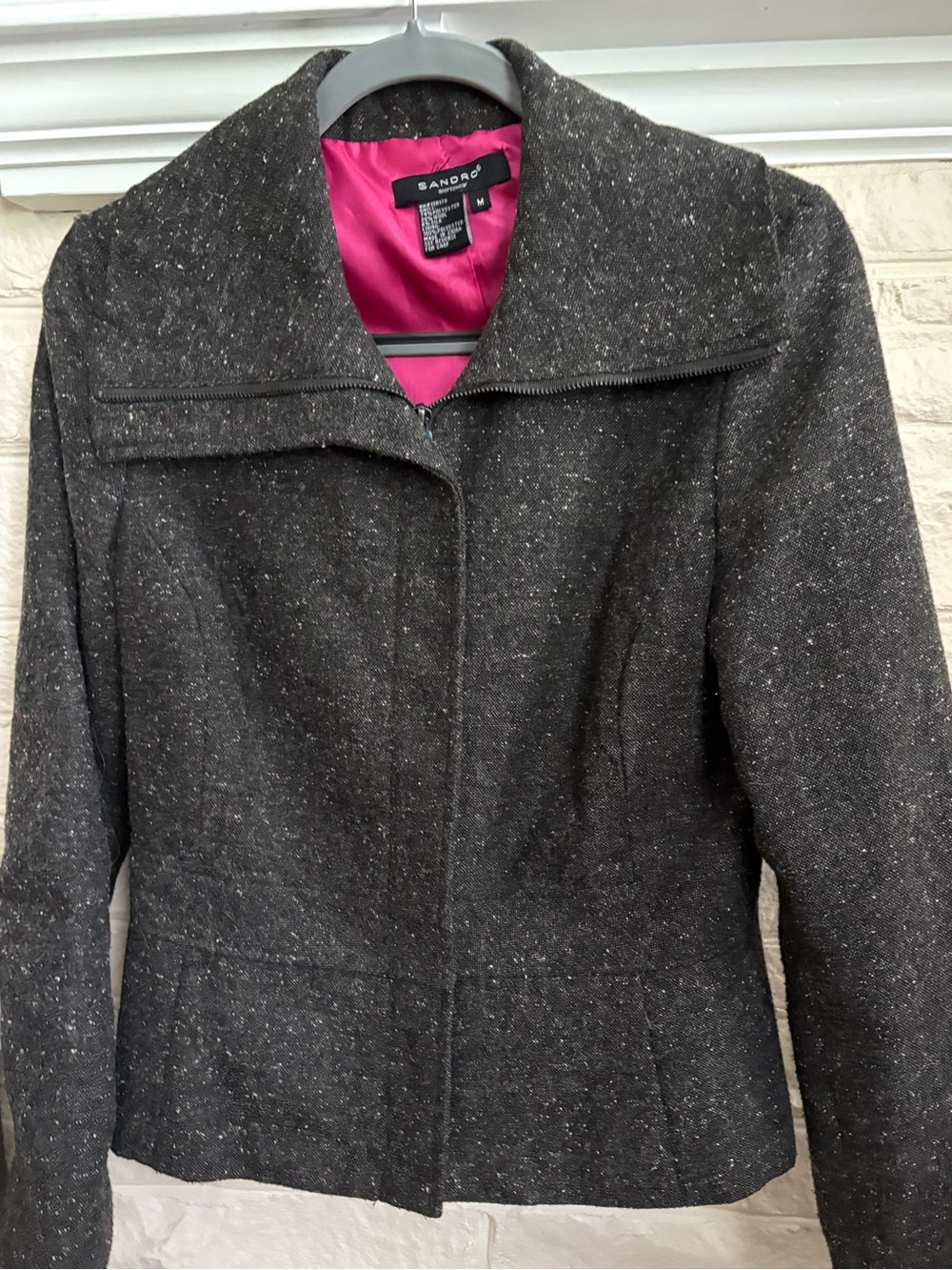 Sandro Wool-Blend Gray Tweed Wide Collar Jacket Zip Closure Pink Lining Medium